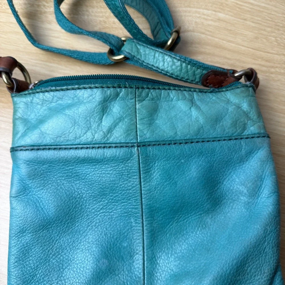 Vintage Fossil Pebbled Leather Long Live Crossbody Bag Womens Small Teal Brass